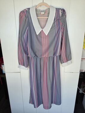 Vintage Striped Pink & Blue Dress with White Collar